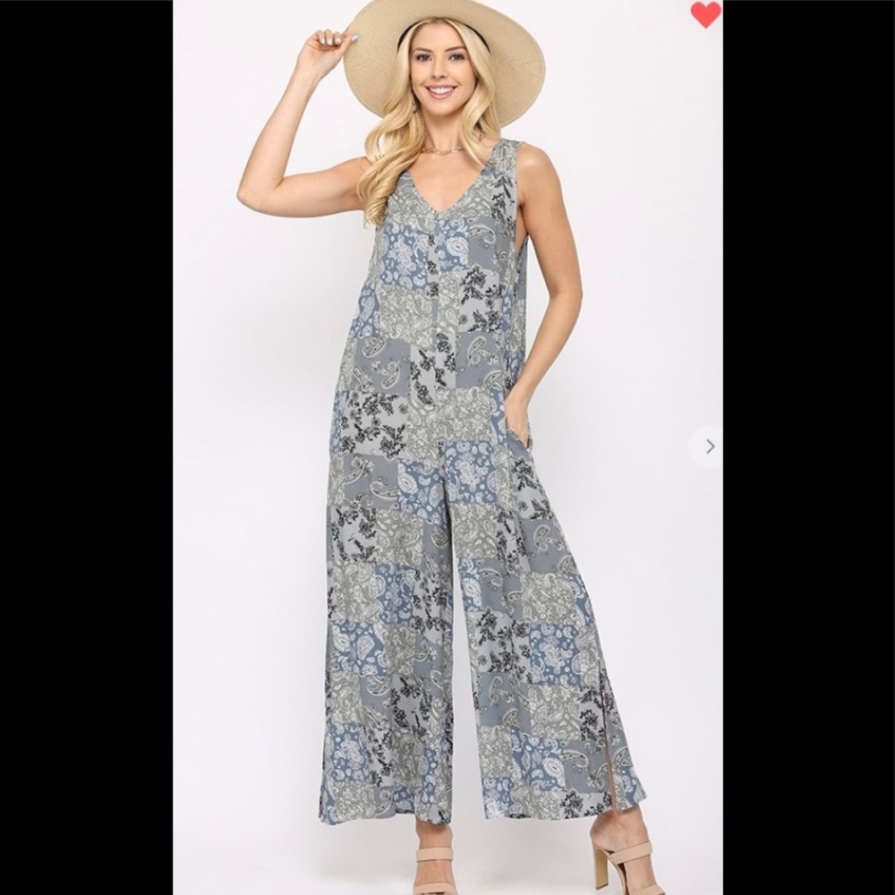 Rayon Gauze patchwork print sleeveless jumpsuit